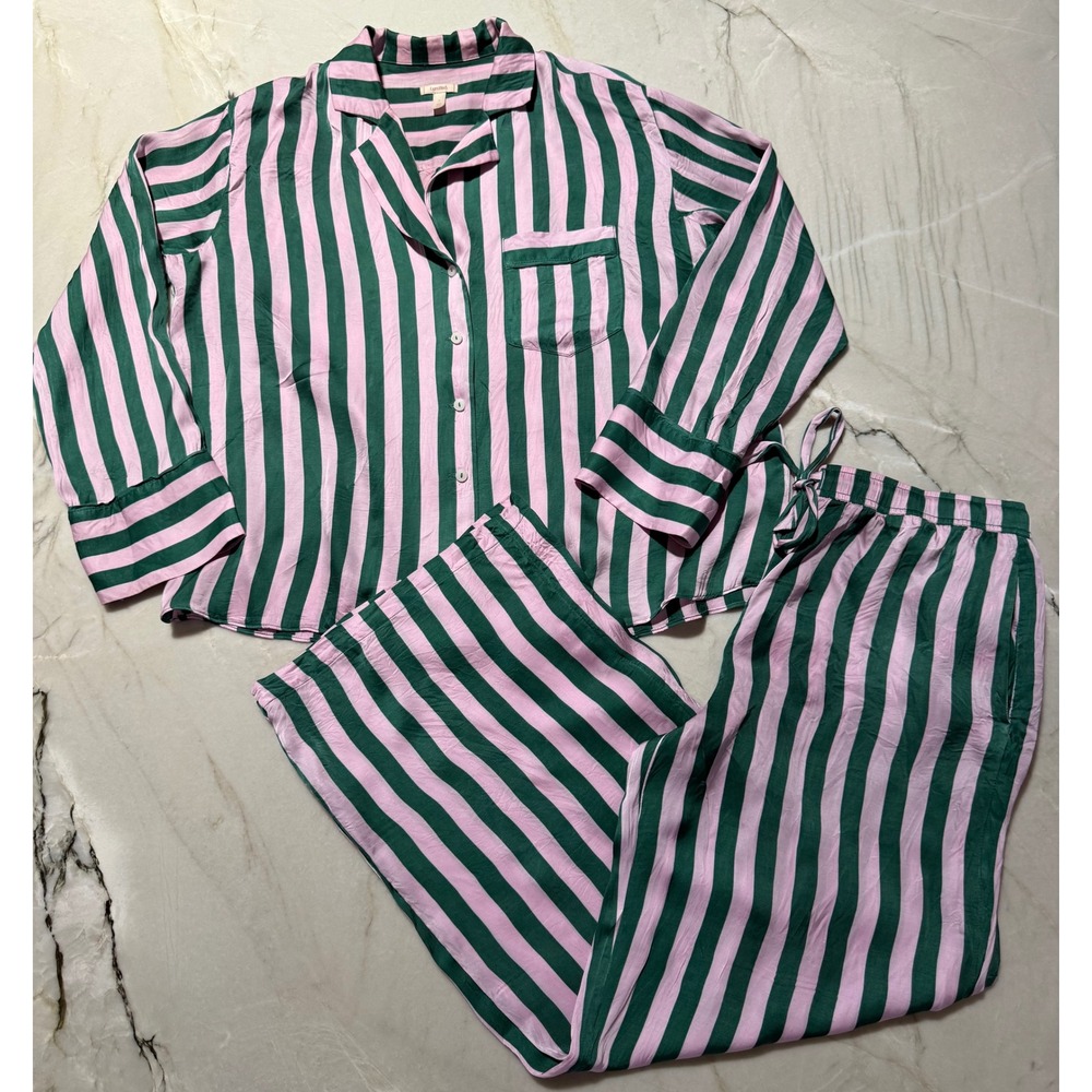 Anthropologie The LyreBird Silky Pajama Set Pink Green Striped Top & Pants Small